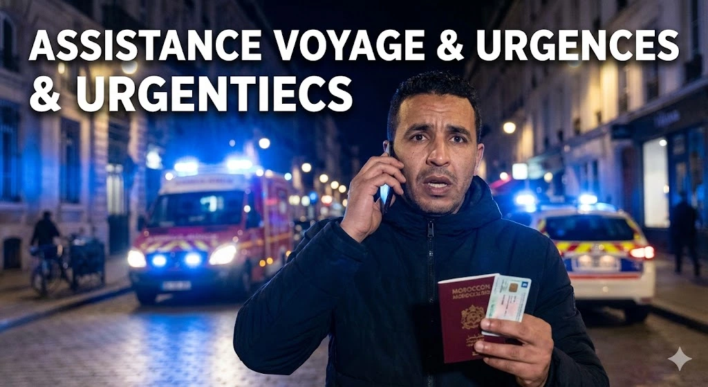 Voyageur marocain stressé appelant le numéro d'assistance voyage Maroc la nuit à l'étranger, tenant son passeport et sa carte d'assurance face à une urgence (police/ambulance en arrière-plan).