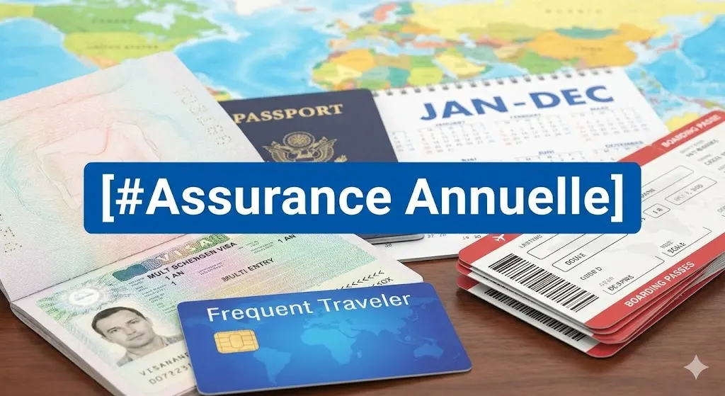 Composition voyage montrant un calendrier annuel, un passeport et une étiquette bleue avec le hashtag [#Assurance Annuelle].
