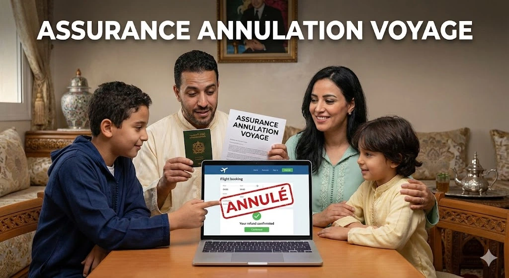 Une famille marocaine soulagée regarde un ordinateur portable affichant un vol annulé et une confirmation de remboursement, grâce à leur contrat d'assurance annulation voyage Maroc.