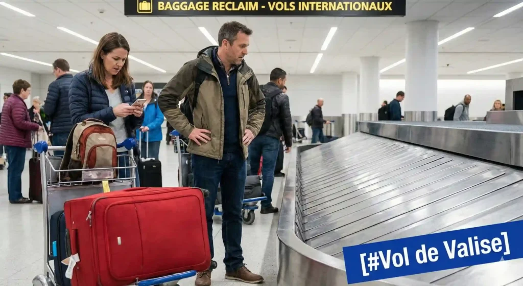 Touriste inquiet regardant un tapis à bagages vide à l'aéroport ou déclarant un vol au comptoir des objets perdus, illustrant la garantie [#Vol de Valise].