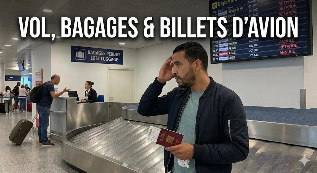 Un voyageur marocain angoissé attend devant un tapis à bagages vide à l'aéroport, illustrant un cas de perte couvert par l'Assurance Bagages Vol Maroc. Un panneau "Bagages Perdus" est visible en arrière-plan.