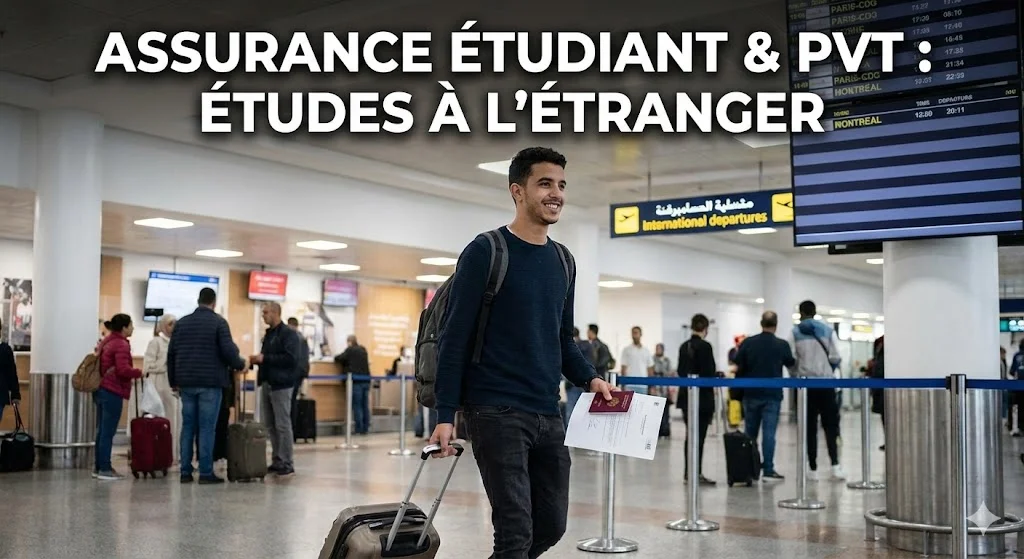Jeune étudiant marocain souriant à l'aéroport, valise et passeport en main, sous une bannière "Assurance Étudiant & PVT : Études à l'étranger", prêt à embarquer.