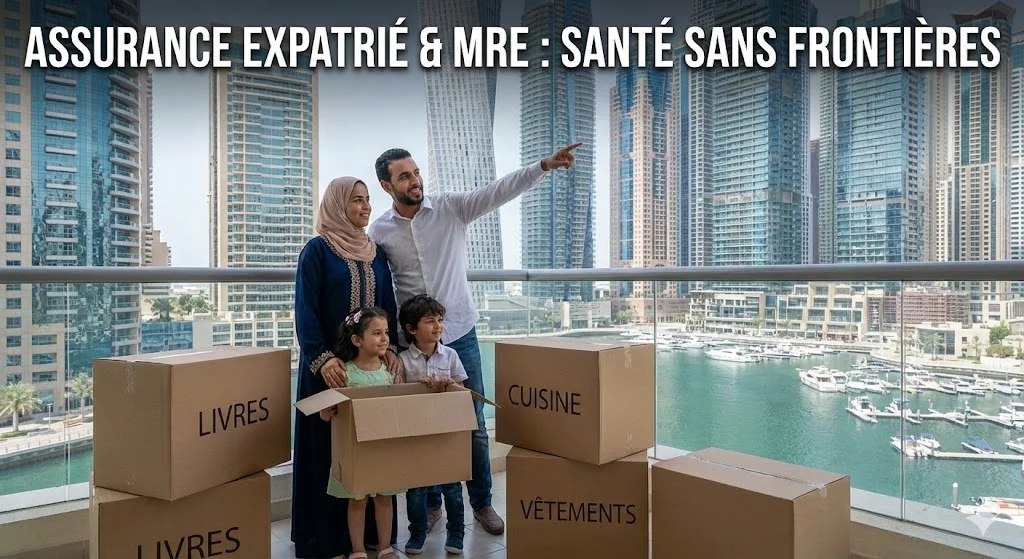 Couple d'expatriés marocains souriants avec des cartons de déménagement devant une skyline de ville moderne étrangère, illustrant la souscription à une Assurance Expats Maroc.