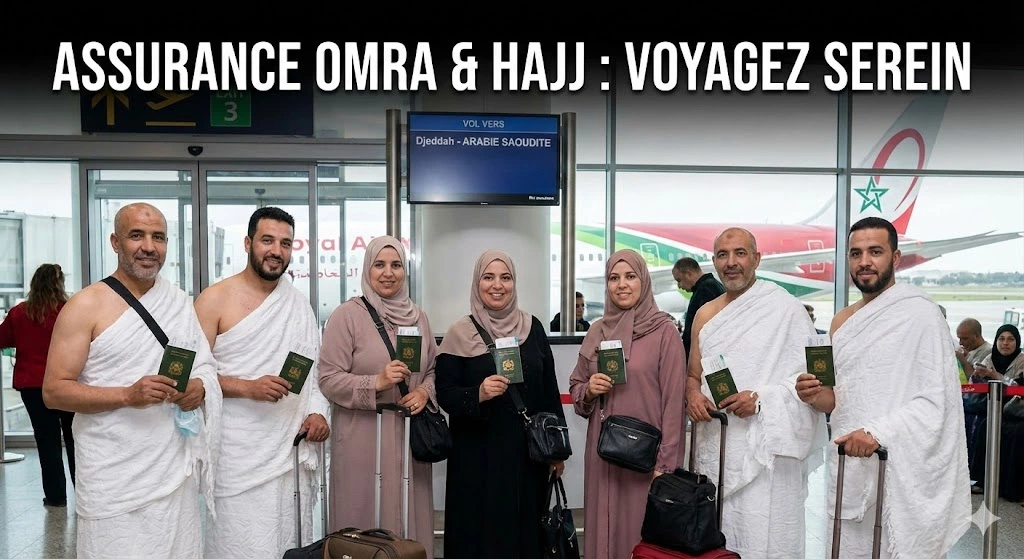 Groupe de pèlerins marocains souriants (hommes en Ihram, femmes voilées) tenant leurs passeports à une porte d'embarquement d'aéroport pour un vol vers Djeddah, sous une bannière évoquant l'Assurance Omra Maroc.