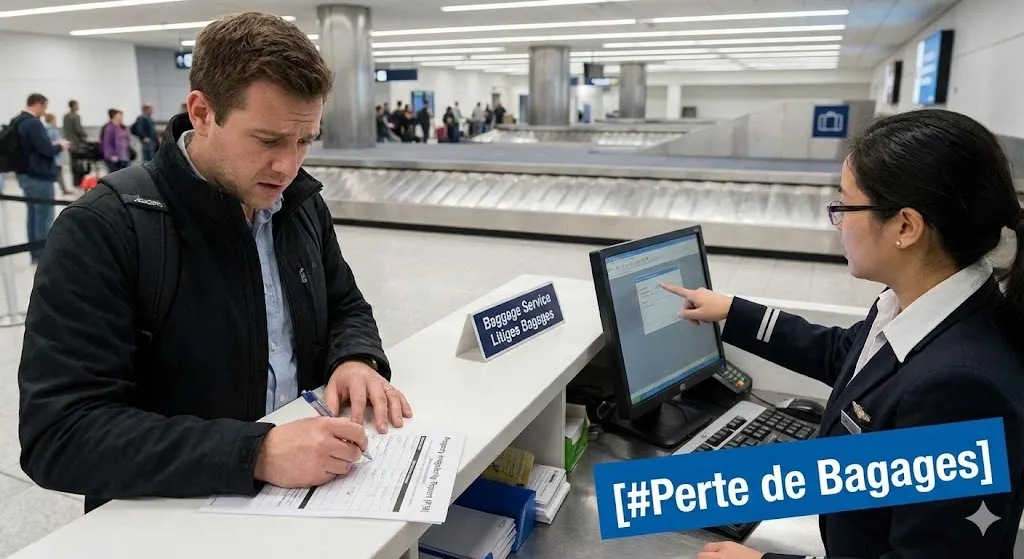 Voyageur inquiet consultant sa montre devant un tapis roulant de bagages vide à l'aéroport, illustrant une situation de retard ou de perte de bagages, sous l'étiquette [#Perte de Bagages].