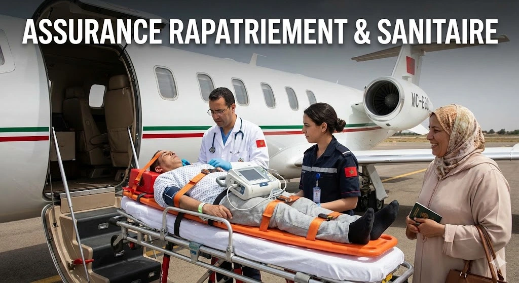 Une équipe médicale marocaine transfère un patient sur civière dans un avion sanitaire, sous le regard soulagé d'une proche tenant un passeport, illustrant une mission d'assurance rapatriement Maroc.