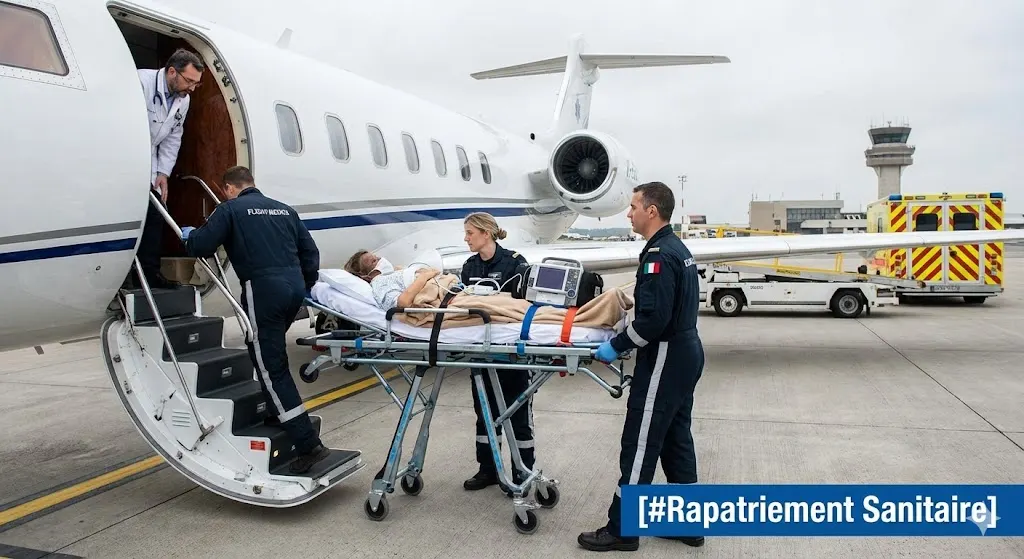 Une équipe médicale professionnelle chargeant une civière avec un patient à bord d'un petit avion sanitaire (jet ambulance) sur un tarmac, sous l'étiquette [#Rapatriement Sanitaire].