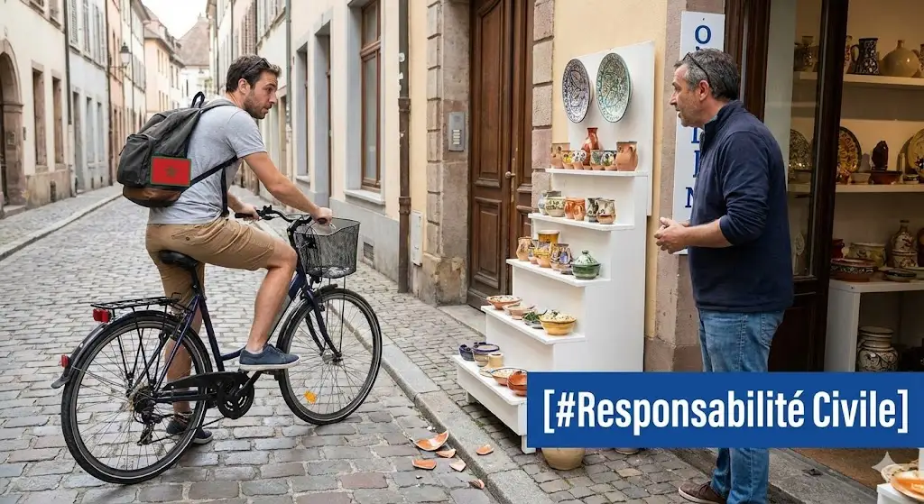 Cycliste touriste avec un sac à dos drapeau marocain discutant avec un commerçant après avoir accidentellement cassé des poteries devant une boutique, sous l'étiquette textuelle [#Responsabilité Civile].