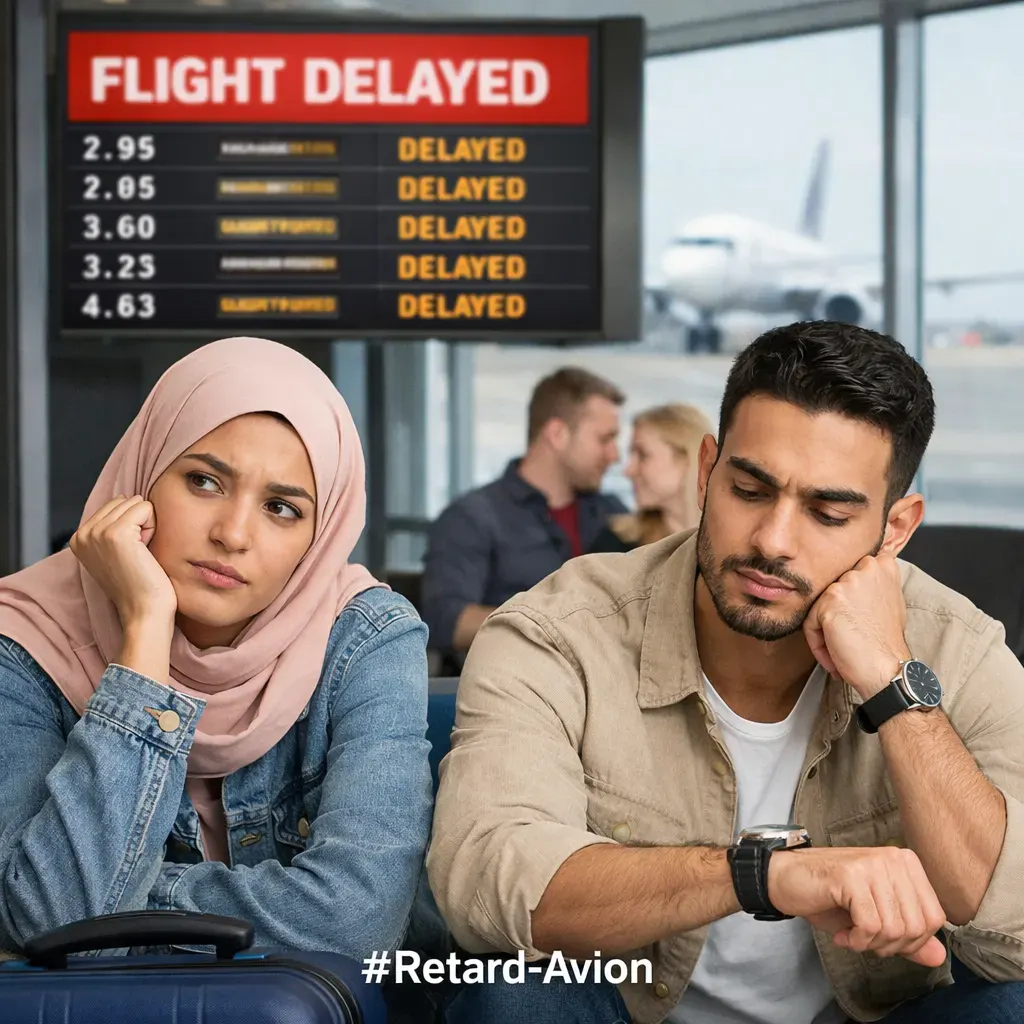 Voyageur fatigué regardant un panneau d'affichage indiquant un vol retardé à l'aéroport, tenant un café et un sandwich remboursés par l'assurance, sous l'étiquette [#Retard Avion].