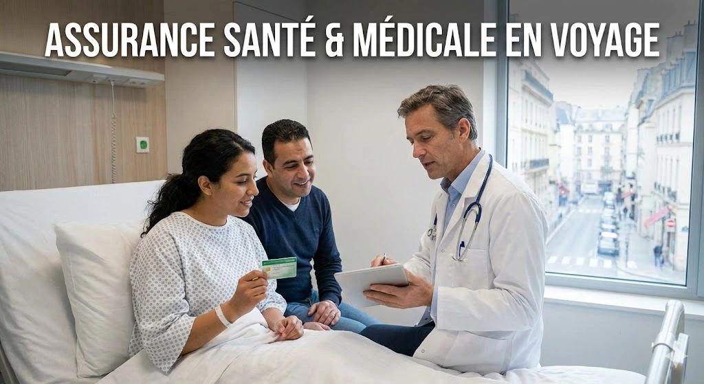 Patiente marocaine et son conjoint en consultation avec un médecin dans une chambre d'hôpital en Europe, présentant une carte liée à leur assurance santé voyage Maroc pour la prise en charge des frais.