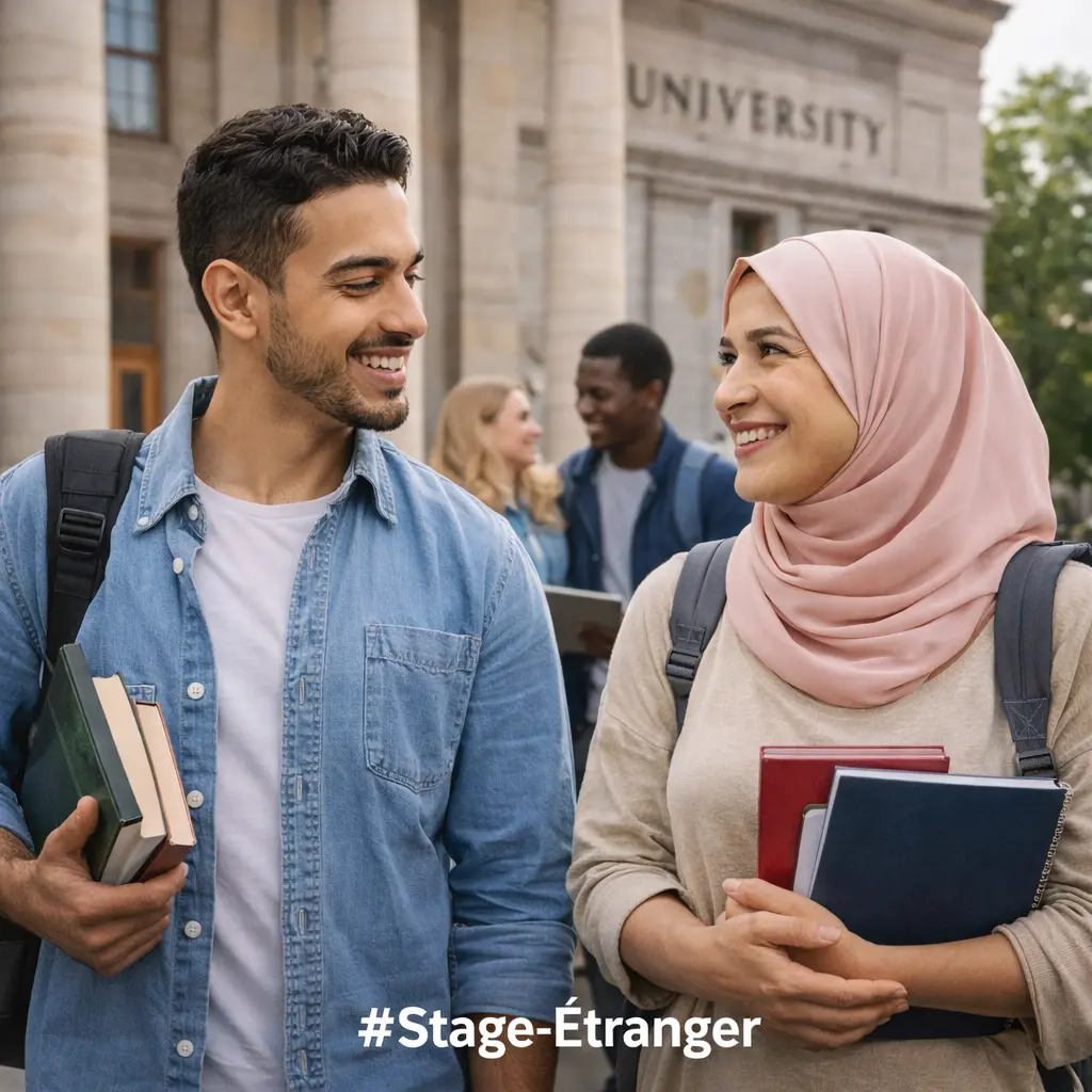 Jeune étudiant marocain dynamique travaillant sur un ordinateur portable dans un bureau moderne à l'étranger, avec sa convention de stage signée posée à côté, sous l'étiquette [#Stage étranger].