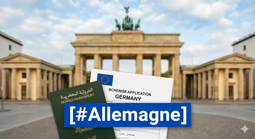 Composition voyage avec passeport, drapeau allemand et une étiquette bleue marquée du hashtag [#Allemagne].