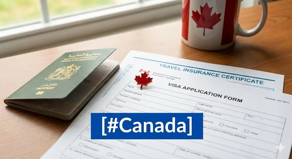 Feuille d'érable rouge emblématique et passeport posés sur une carte de l'Amérique du Nord, sous une étiquette bleue avec le hashtag [#Canada].