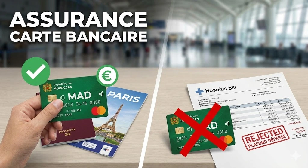 Illustration comparative montrant une carte bancaire marocaine valide pour un voyage à Paris (coche verte) mais dont l'assurance est rejetée face à une facture hospitalière élevée en euros en raison d'un plafond dépassé (croix rouge).