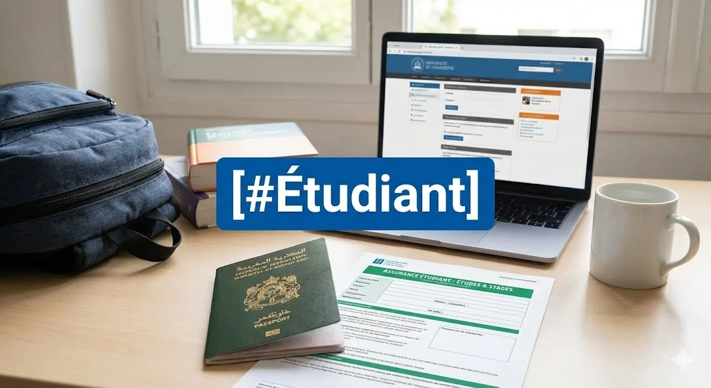 Jeune étudiant portant un sac à dos et tenant des livres ainsi qu'un passeport, regardant vers un campus universitaire international, sous l'étiquette [#Étudiant].