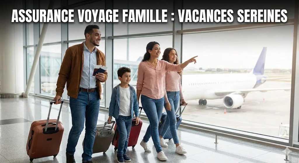 Famille marocaine souriante (parents et deux enfants) marchant avec leurs bagages dans un terminal d'aéroport avant l'embarquement, sous la bannière "Assurance Voyage Familles : Vacances Sereines"