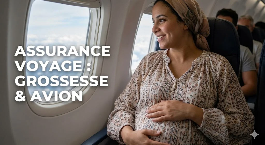 Femme enceinte marocaine souriante assise près du hublot dans un avion, main sur le ventre. Le texte superposé indique "ASSURANCE VOYAGE : GROSSESSE & AVION".