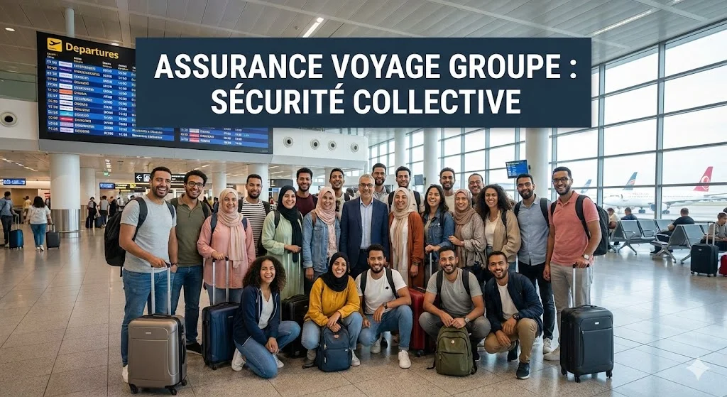Grand groupe de voyageurs marocains (amis et collègues) posant ensemble avec leurs valises dans un hall d'aéroport, sous une bannière "Assurance Voyage Groupe".