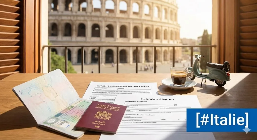 Le Colisée de Rome en arrière-plan avec un passeport marocain et un formulaire de demande de visa posés sur une table, sous l'étiquette textuelle [#Italie].