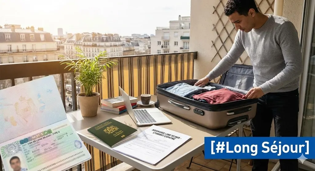 Homme déballant sa valise sur un balcon, avec un passeport marocain ouvert sur un Visa Long Séjour Type D et une attestation d'assurance sur la table, sous l'étiquette [#Long Séjour].