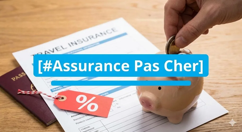 Tirelire rose avec lunettes de soleil et passeport, illustrant des économies de voyage, sous une étiquette bleue avec le hashtag [#Assurance Pas Cher].