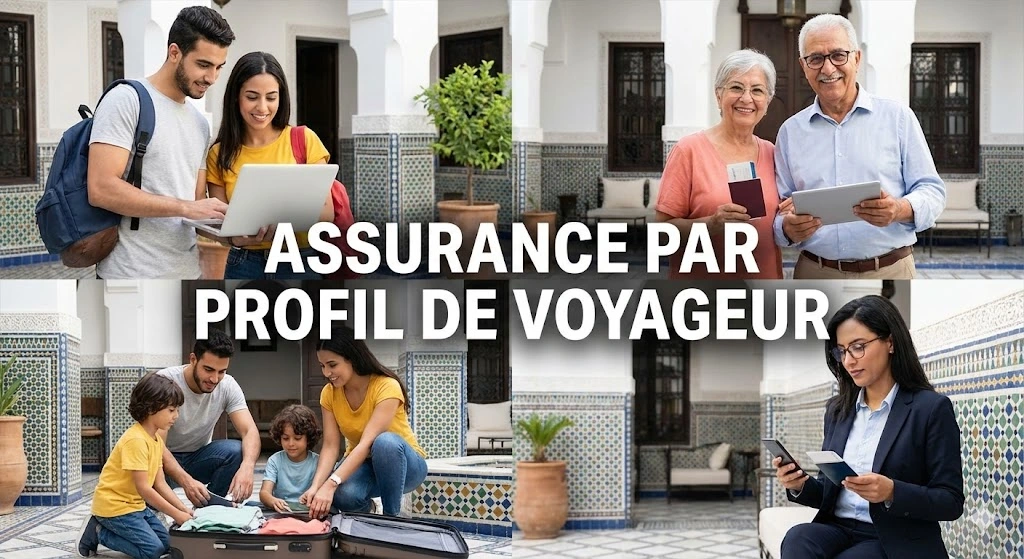 Groupe diversifié de voyageurs marocains dans un hall d'aéroport, incluant un étudiant avec sac à dos, une famille avec enfants et un couple de seniors, illustrant les offres d'assurance voyage personnalisée Maroc.