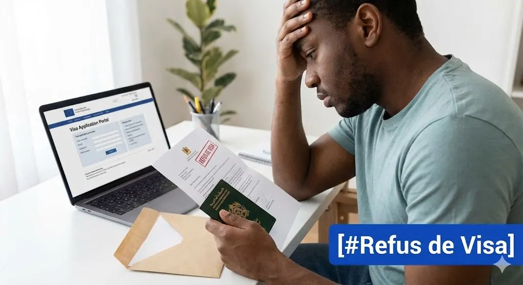 Passeport posé sur une table à côté d'une lettre officielle portant un tampon rouge "Refusé", illustrant la condition de remboursement sous l'étiquette [#Refus de Visa].