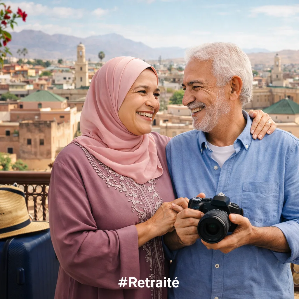 Couple de retraités marocains souriants à l'aéroport, tenant leurs passeports et attestations d'assurance voyage, prêts à embarquer pour visiter leur famille en Europe, sous l'étiquette [#Retraité].