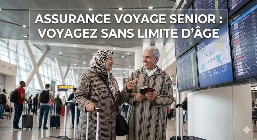 Couple senior marocain souriant à l'aéroport, regardant un tableau de départs avec leurs passeports et bagages, sous une bannière "Assurance Voyage Senior".