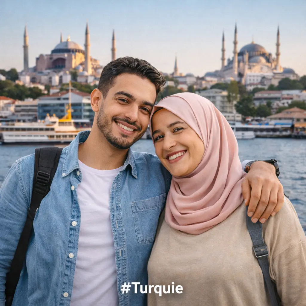 Vue emblématique des montgolfières en Cappadoce (ou de la Mosquée Bleue à Istanbul) avec un passeport marocain au premier plan, illustrant le voyage en Turquie sous l'étiquette [#Turquie].