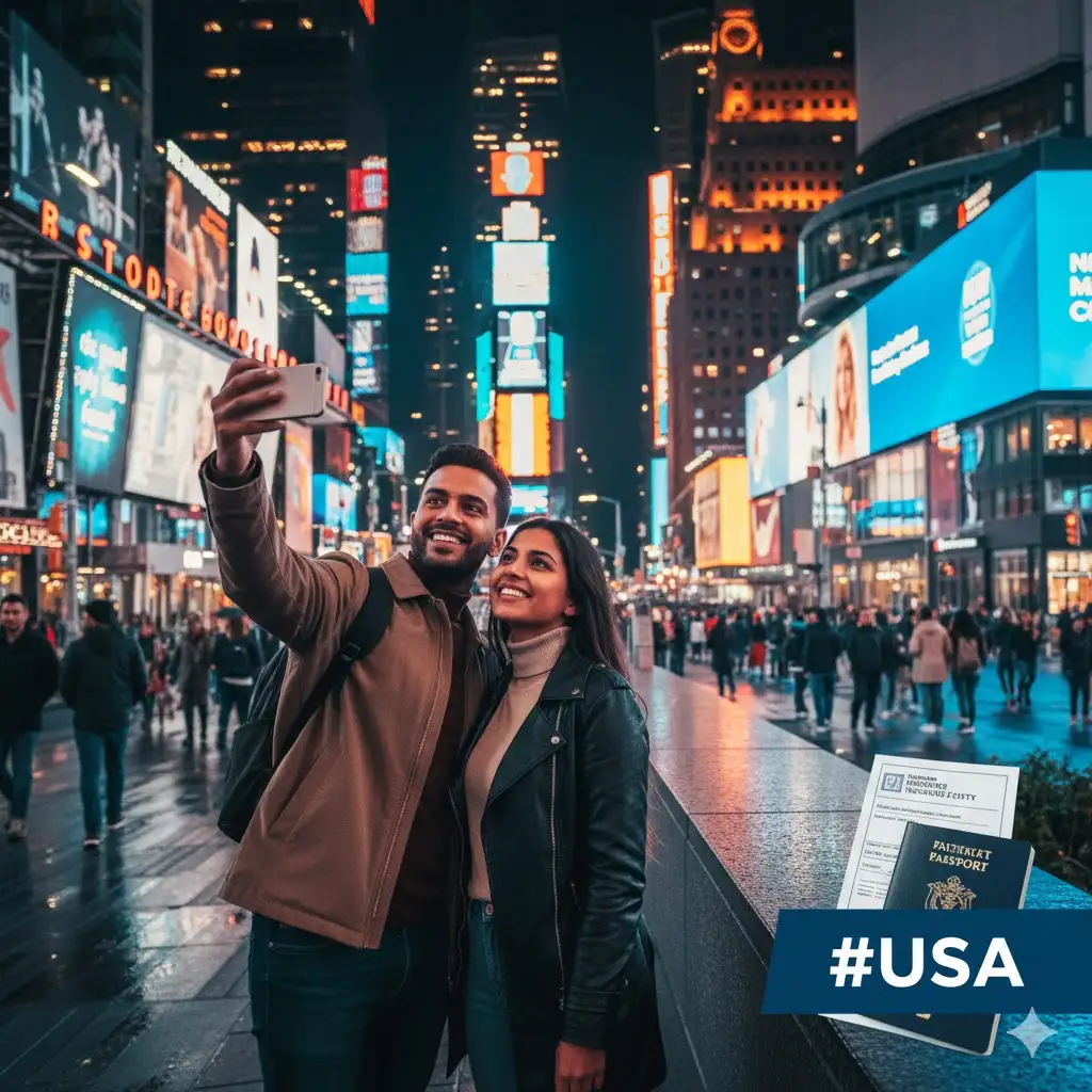 Illustration symbolique de la destination États-Unis (USA) sous l'étiquette [#USA], rappelant le lien direct entre voyage en Amérique et nécessité d'une couverture médicale à haut plafond en raison des coûts hospitaliers exorbitants.