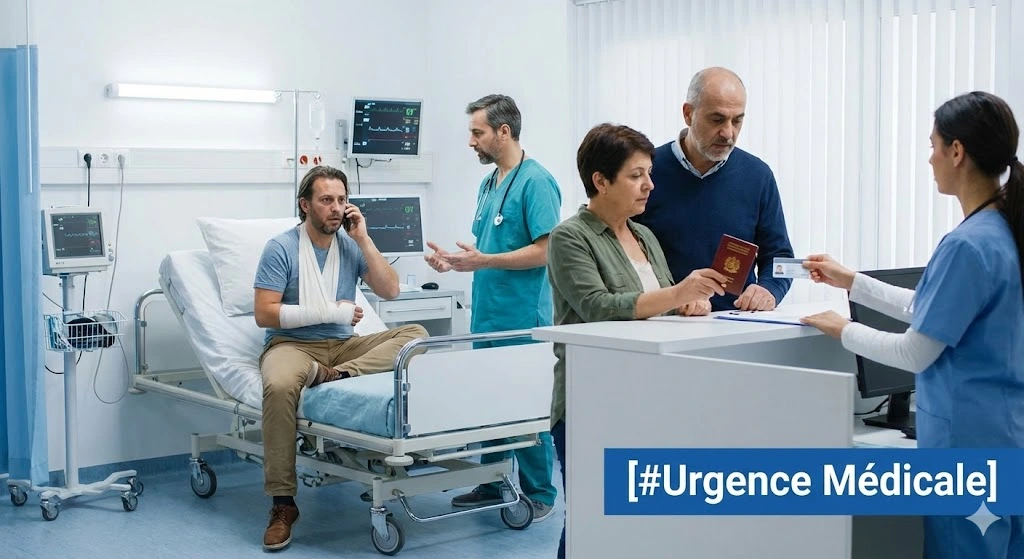 Vue subjective d'une chambre d'hôpital moderne à l'étranger avec des médecins s'affairant autour d'un patient, illustrant la prise en charge d'une [#Urgence Médicale] par l'assistance voyage.