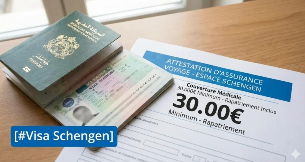 Gros plan sur un passeport marocain ouvert montrant un visa Schengen récent tamponné, posé à côté d'une attestation d'assurance voyage imprimée mentionnant "Couverture 30.000€ - Espace Schengen", sous l'étiquette [#Visa Schengen].