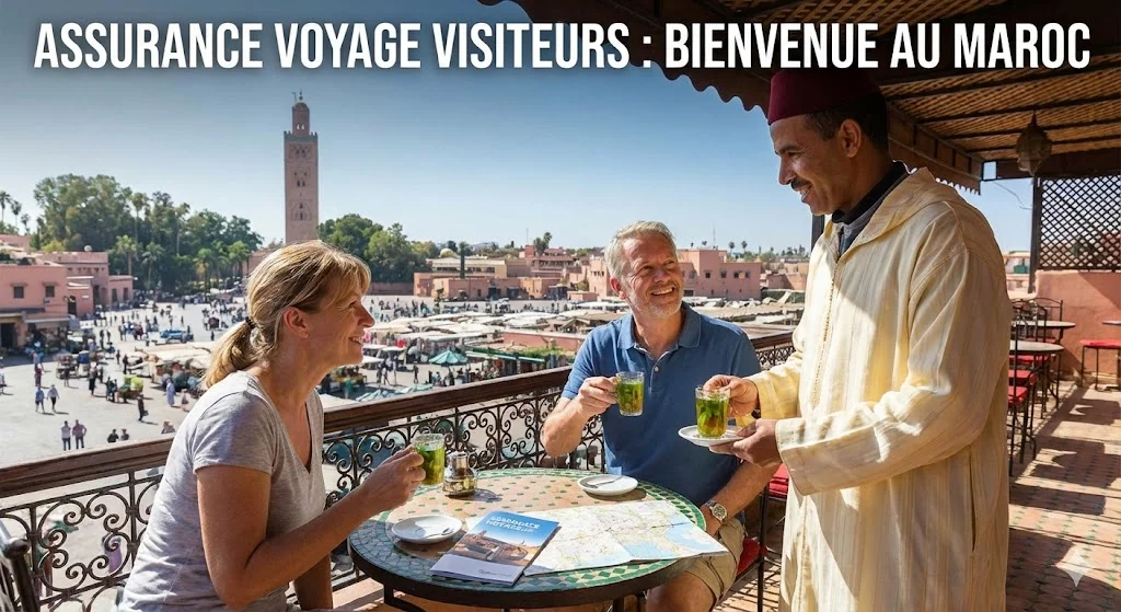 Couple de touristes étrangers buvant un thé à la menthe avec un hôte marocain sur une terrasse dominant Marrakech, sous la bannière "Assurance Voyage Visiteurs : Bienvenue au Maroc". Une brochure d'assurance est visible sur la table.