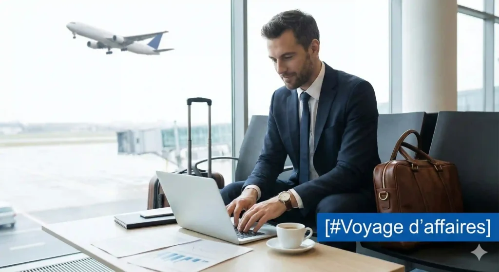Cadre ou homme d'affaires marocain concentré, travaillant sur un ordinateur portable dans un salon d'aéroport moderne avec sa valise cabine à côté, illustrant la sérénité d'un [#Voyage d’affaires] bien préparé.