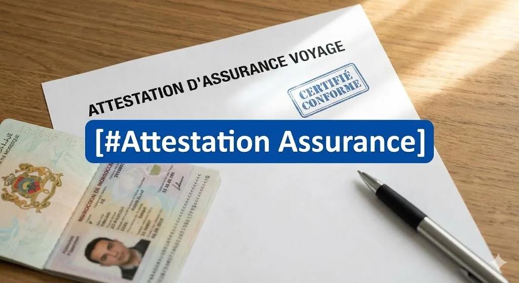 Document officiel "Attestation d'Assurance Voyage" certifié conforme, posé à côté d'un passeport marocain et d'un stylo, sous une étiquette bleue avec le hashtag [#Attestation Assurance].