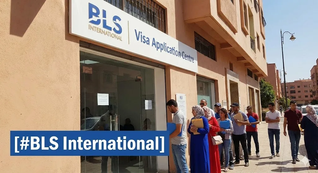 Passeport marocain et formulaire de demande de visa posés devant un drapeau espagnol flou, sous une étiquette bleue avec le hashtag [#BLS International].