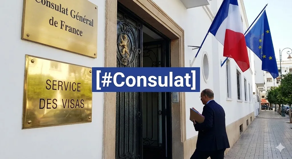 Homme muni d'un dossier entrant au Service des Visas du Consulat Général de France, identifié par des plaques dorées et les drapeaux français et européen, sous l'étiquette [#Consulat].