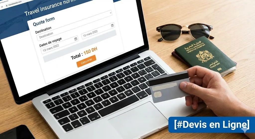 Une personne réalise un devis en ligne pour une assurance voyage sur un ordinateur portable, tenant une carte de crédit, avec des passeports marocains posés à côté. Le prix de 150 DH est affiché sur l'écran.