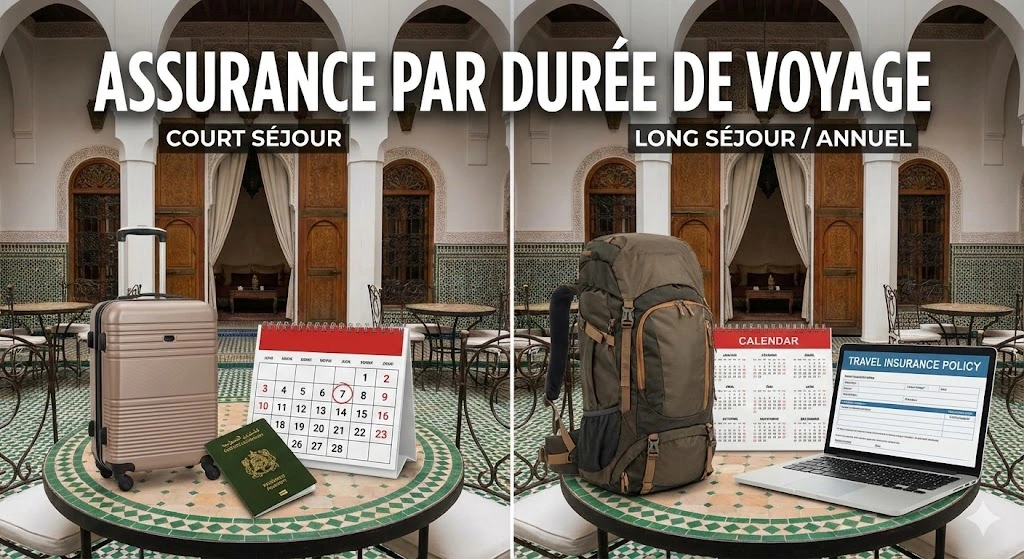 Illustration divisée en deux montrant à gauche une valise cabine et un calendrier pour un court séjour, et à droite un sac à dos de voyage et un calendrier annuel avec un ordinateur, symbolisant le choix de la durée assurance voyage Maroc.
