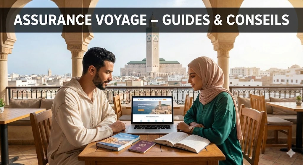 Un couple marocain sur une terrasse avec vue sur la mosquée Hassan II à Casablanca, consultant un guide assurance voyage Maroc sur un ordinateur portable.