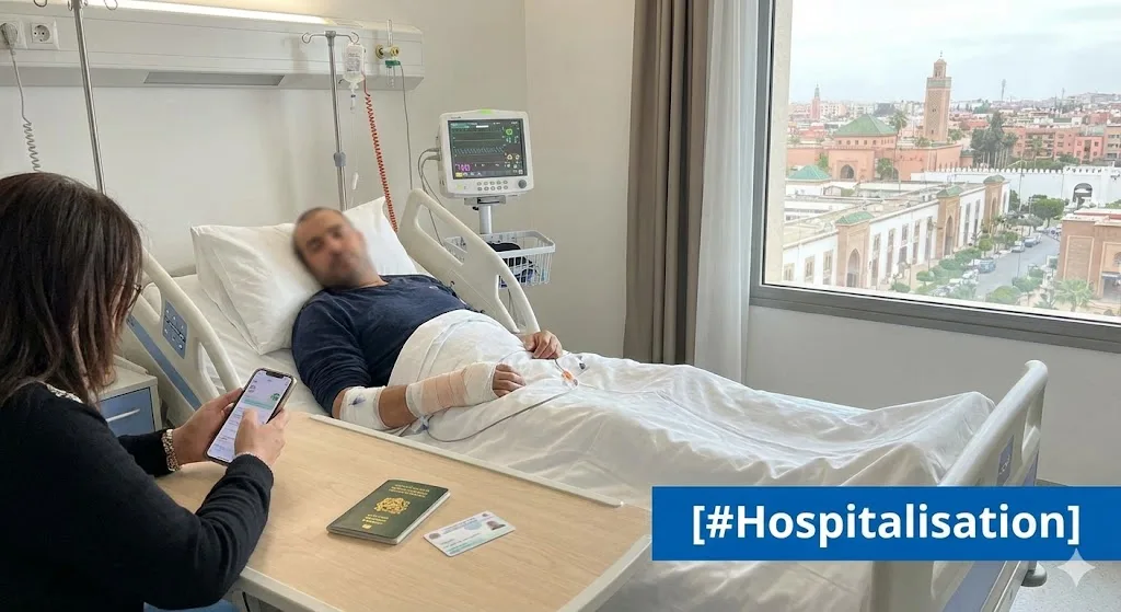 Vue d'une chambre d'hôpital moderne avec équipements de soins intensifs (moniteur, perfusion) et un dossier de demande de prise en charge posé sur la table, illustrant l'étiquette [#Hospitalisation].