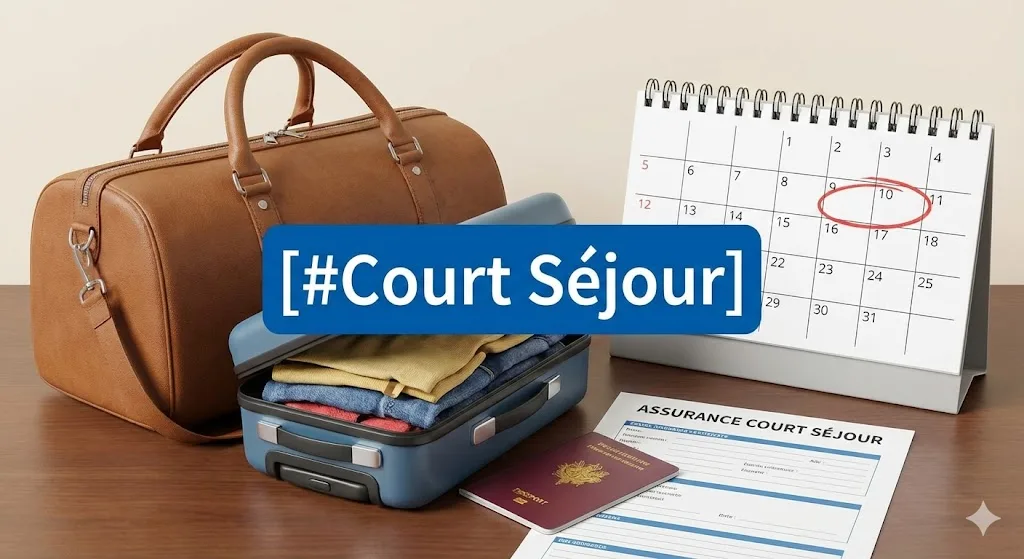 Bagages de voyage, passeport et calendrier avec une date cerclée, accompagnés d'un formulaire "Assurance Court Séjour", sous une étiquette bleue [#Court Séjour].