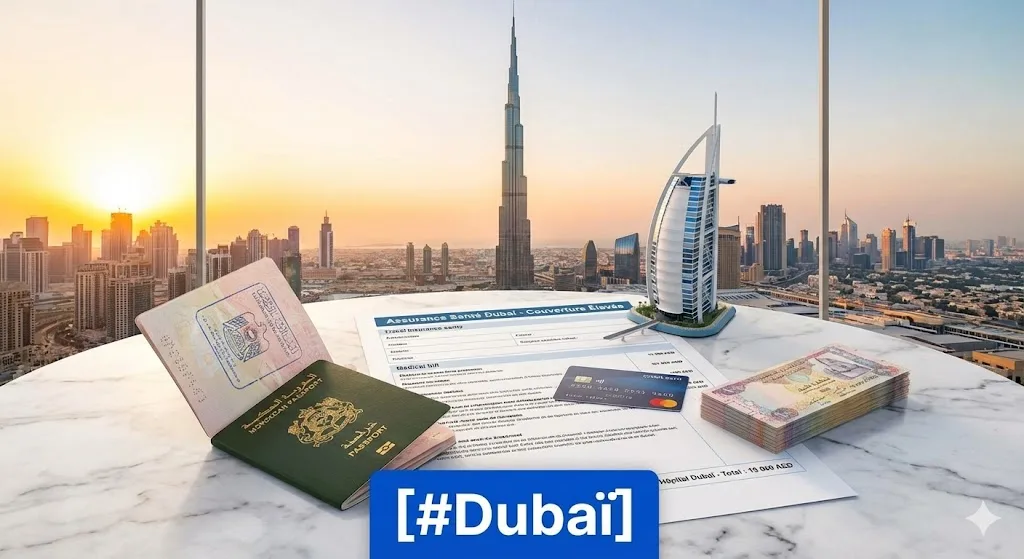 Passeport marocain ouvert avec visa, contrat "Assurance Santé Dubaï - Couverture Élevée", facture médicale et billets de banque AED posés devant la skyline de Dubaï et le Burj Khalifa, sous l'étiquette [#Dubaï].