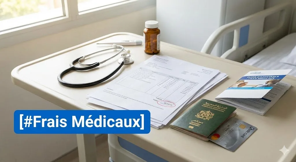 Table d'hôpital avec stéthoscope, factures, passeport marocain et un guide d'assistance sur les Frais Médicaux, sous l'étiquette [#Frais Médicaux].