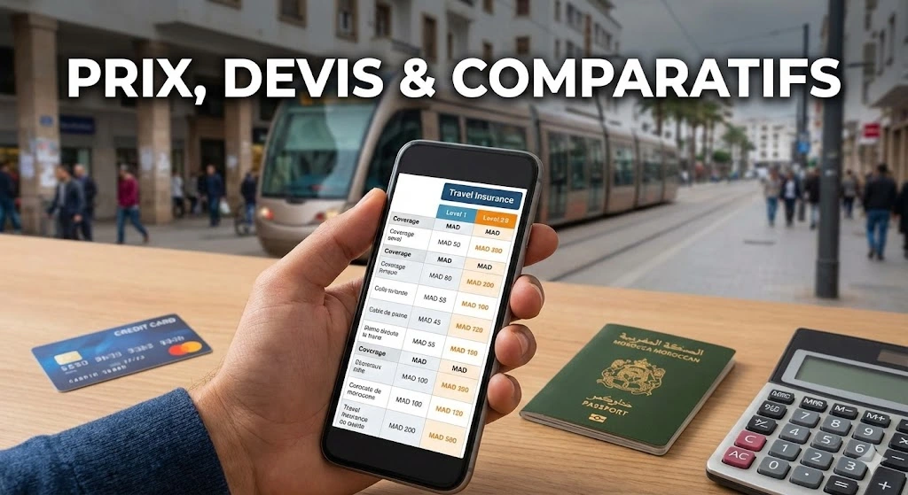 Un utilisateur marocain consulte un comparateur sur son ordinateur portable pour analyser le prix assurance voyage Maroc et choisir l'offre la plus compétitive en Dirhams.
