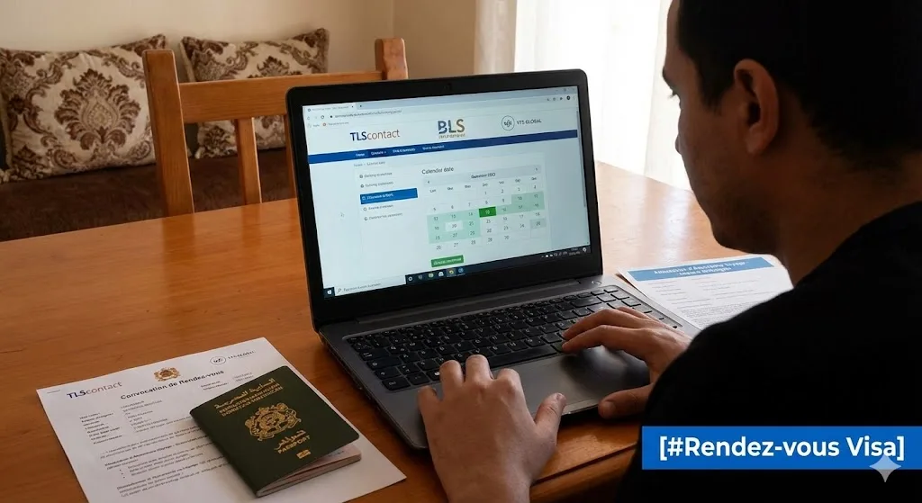Écran d'ordinateur affichant un calendrier de réservation avec des créneaux disponibles, posé à côté d'un passeport marocain, illustrant la procédure de [#Rendez-vous Visa] en ligne.