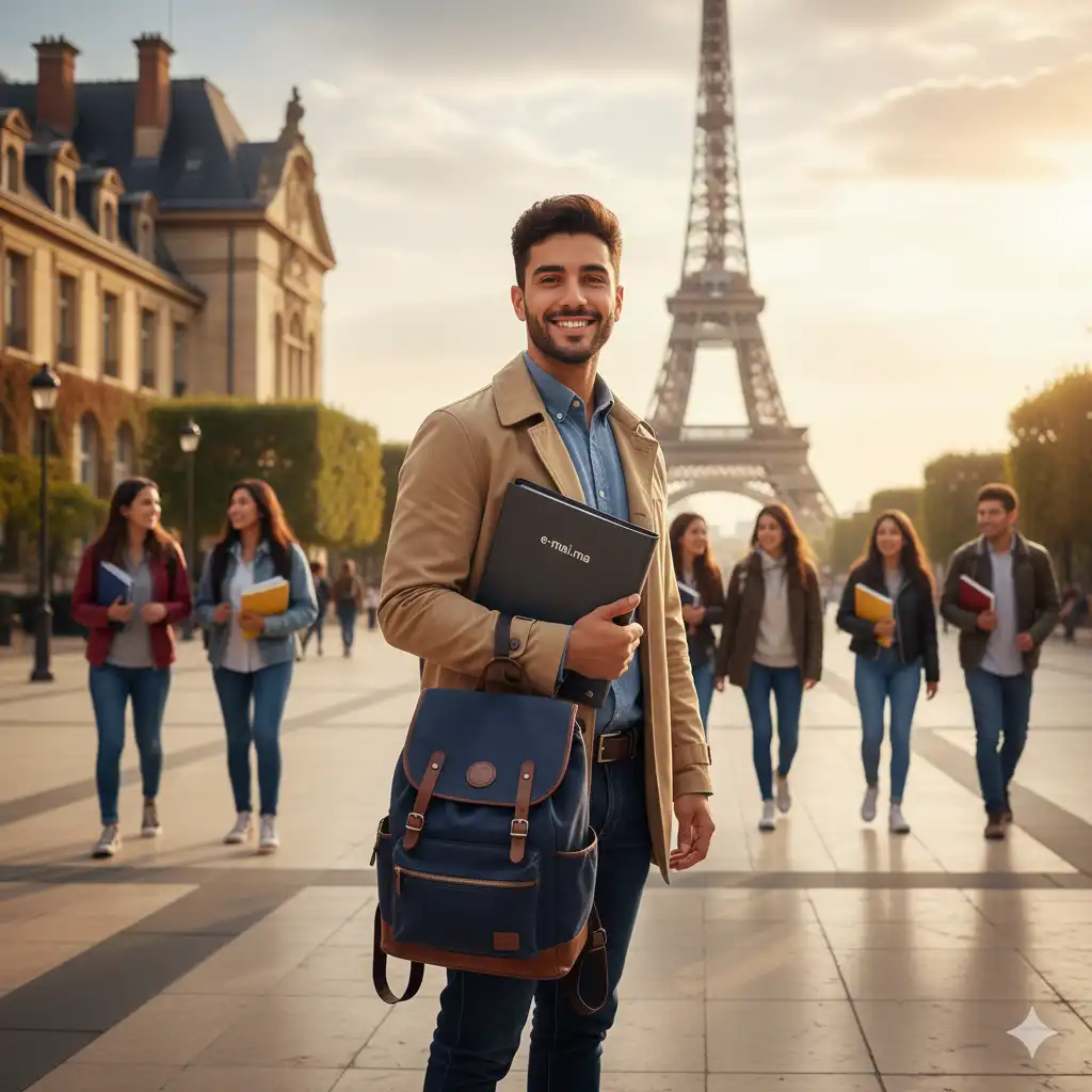 Étudiant marocain sur un campus universitaire international avec son assurance étudiant étranger