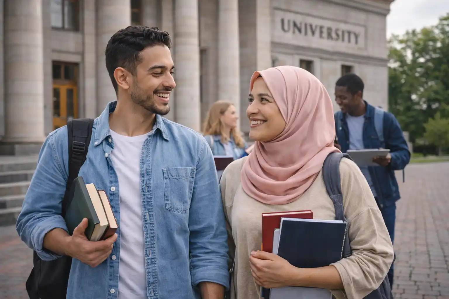 Une étudiante en situation de stage dans un bureau moderne à l'étranger, travaillant sur un ordinateur portable avec des collègues en arrière-plan, protégée par son Assurance Étudiant Étranger.