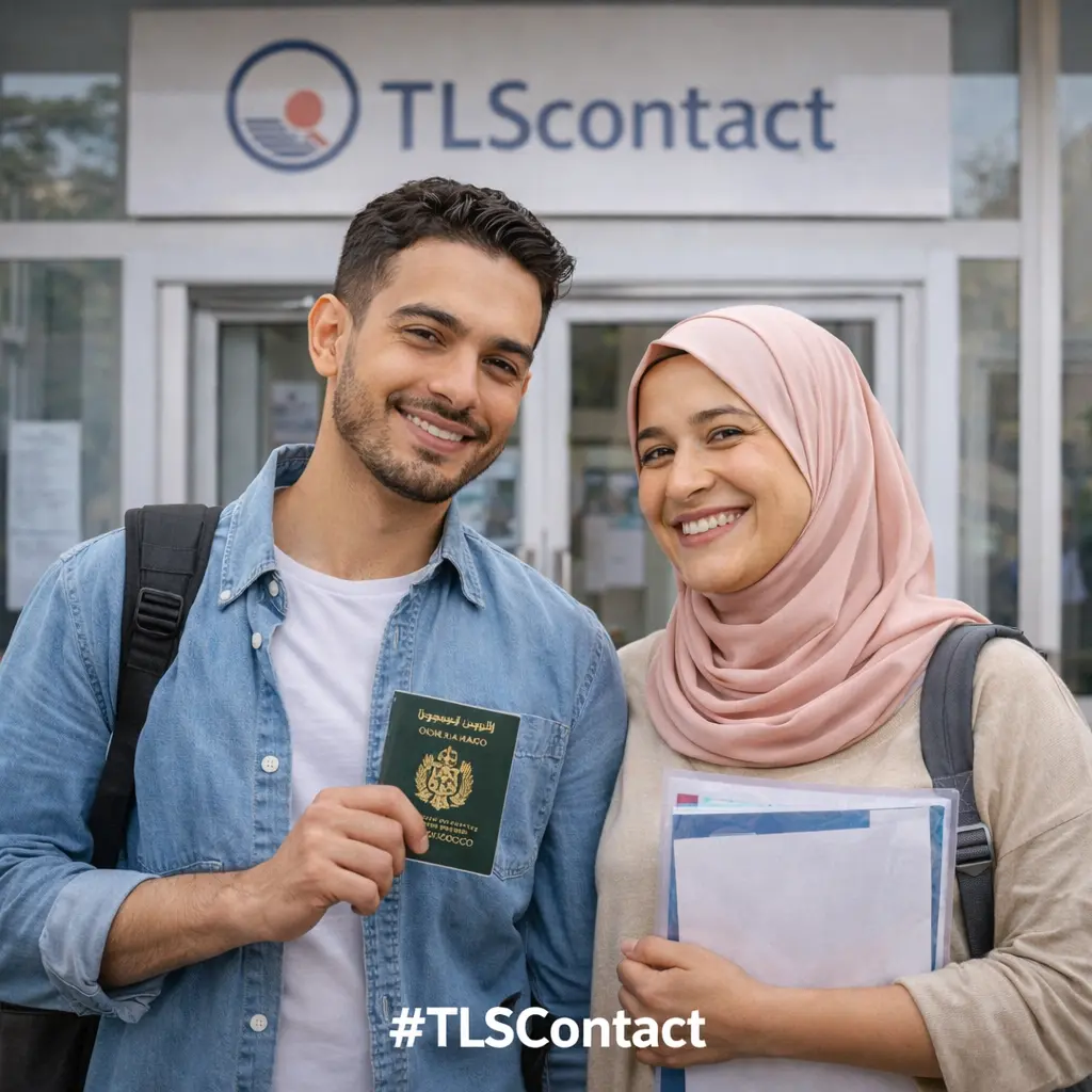 Façade d'un centre TLS Contact au Maroc avec une file d'attente de demandeurs de visa, tenant leurs dossiers incluant l'assurance voyage, sous l'étiquette [#TLS Contact].